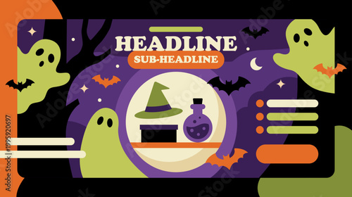 Purple night with ghosts, bats, and a witch's hat. Green spirits float through spooky trees and stars. Potion bottle rests beside a pointed hat. Ornate text boxes frame the Halloween scene