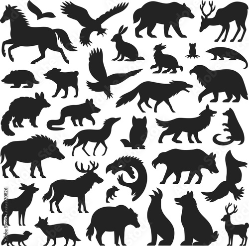 Black silhouette of a flock of birds flying in 