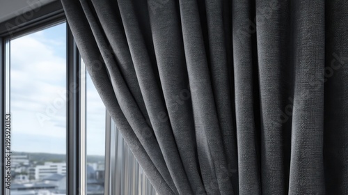 Meticulously Pleated Charcoal Grey Blackout Curtain Providing Elegant Window Covering and Room Privacy