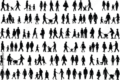 Black silhouette figures walking in various directions  black silhouettes
