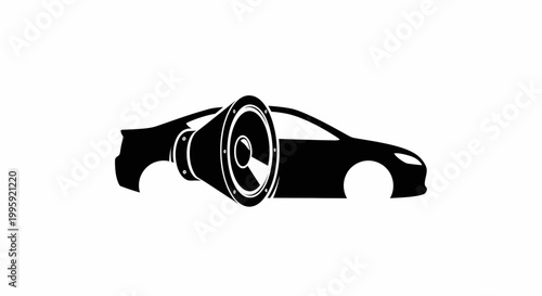 Car Audio System Icon: Silhouette of a car with a large speaker