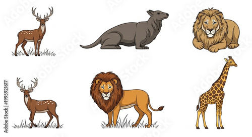 Collection of six different cartoon animals on a white background.