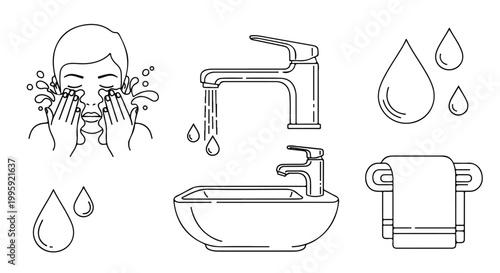 Set of 6 Bathroom Hygiene and Water Line Icons Vector