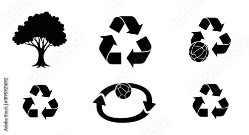 Recycling symbols and tree illustration for environmental awareness.