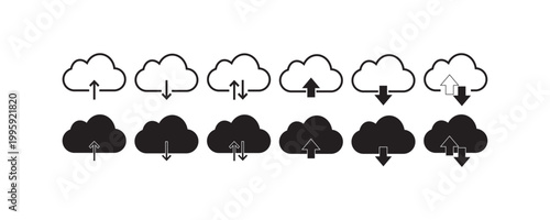 Cloud upload and download icons in various styles and designs.