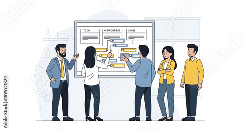 Business team collaborating on a flowchart on a whiteboard, planning strategy