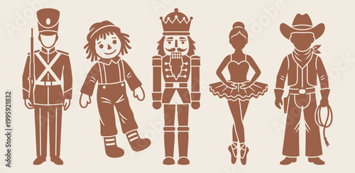 Vintage toy character silhouettes set including nutcracker and ballerina for nostalgic design