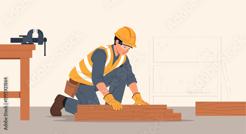 Carpenter Working with Wood Planks on Workbench, Construction and DIY Concept