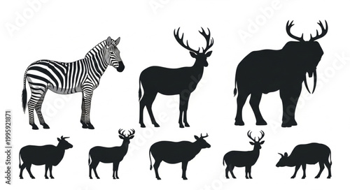 Collection of Animal Silhouettes Including Zebra Deer Moose and Other Wildlife.
