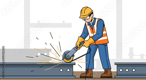 Construction worker grinding metal beam with angle grinder, sparks flying, safety gear
