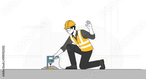 Construction worker in hard hat and safety vest operating drilling equipment on site