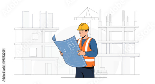 Construction worker in hard hat and vest reviewing blueprints at building site with crane