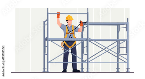 Construction worker in safety harness assembling scaffolding on building site