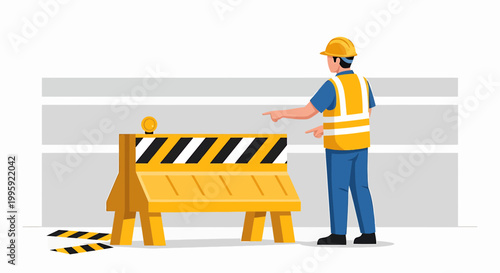 Construction worker in safety vest and hard hat points to yellow barrier on road, traffic control concept