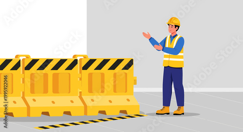 Construction worker in safety vest and hard hat near yellow barrier, directing traffic