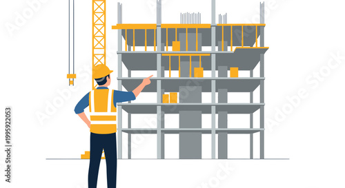 Construction worker inspecting building site with crane and unfinished structure