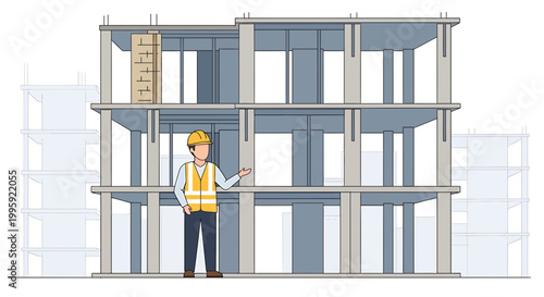 Construction worker inspecting concrete building frame, safety helmet, blueprint