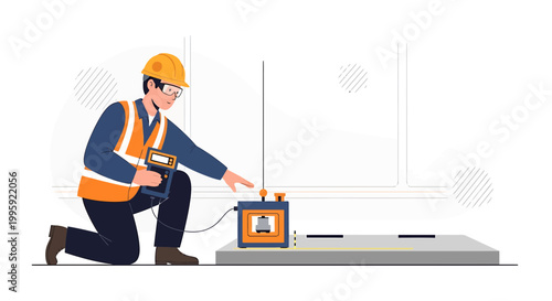 Construction worker inspects concrete slab with testing equipment, safety gear