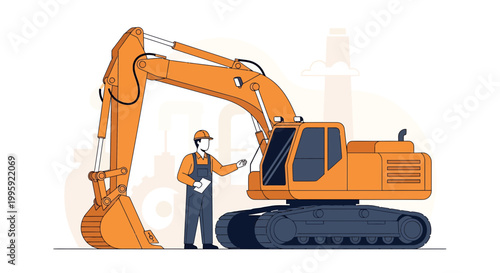 Construction worker inspects large orange excavator on a building site