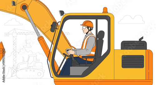 Construction worker operating excavator on a building site with cranes in background