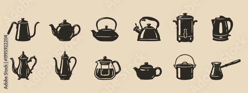 Vintage Kettle and Teapot Silhouette Icons for Kitchenware and Beverage Branding