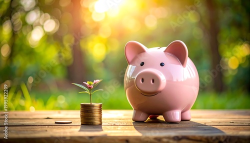 Piggy bank and coin stack with tiny plant sprout, set outdoors on wood, bright bokeh sunlight