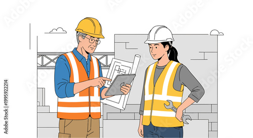 Construction workers reviewing blueprints on tablet at building site