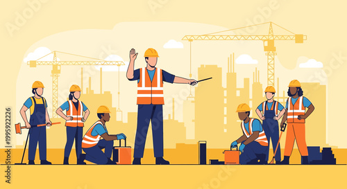 Construction workers team training on site with instructor, teamwork, safety, and building concept