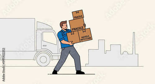 Delivery man carrying fragile boxes near truck and industrial buildings