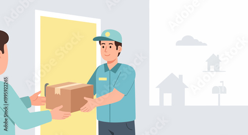 Delivery man handing package to customer at door, home delivery service, logistics concept
