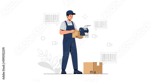 Delivery worker applying barcode sticker to package, logistics and shipping concept