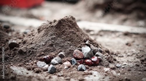 A pile of construction sand and scattered pebbles on a textured ground surface