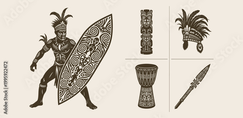 Papua Asmat Tribal Warrior and Cultural Artifacts Vector Collection