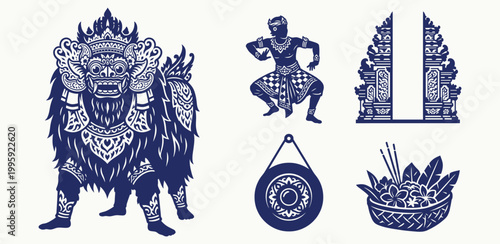 Traditional Balinese cultural icons set in dark blue silhouette vector style for travel branding