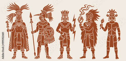 Mesoamerican tribal characters in monochrome linocut style for educational graphics