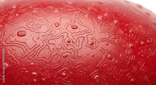 A close-up view of a vibrant red tomato with intricate patterns and water droplets on its surface