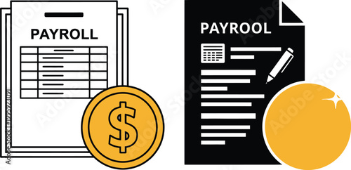 Payroll document icons with gold money coins for business finance and accounting
