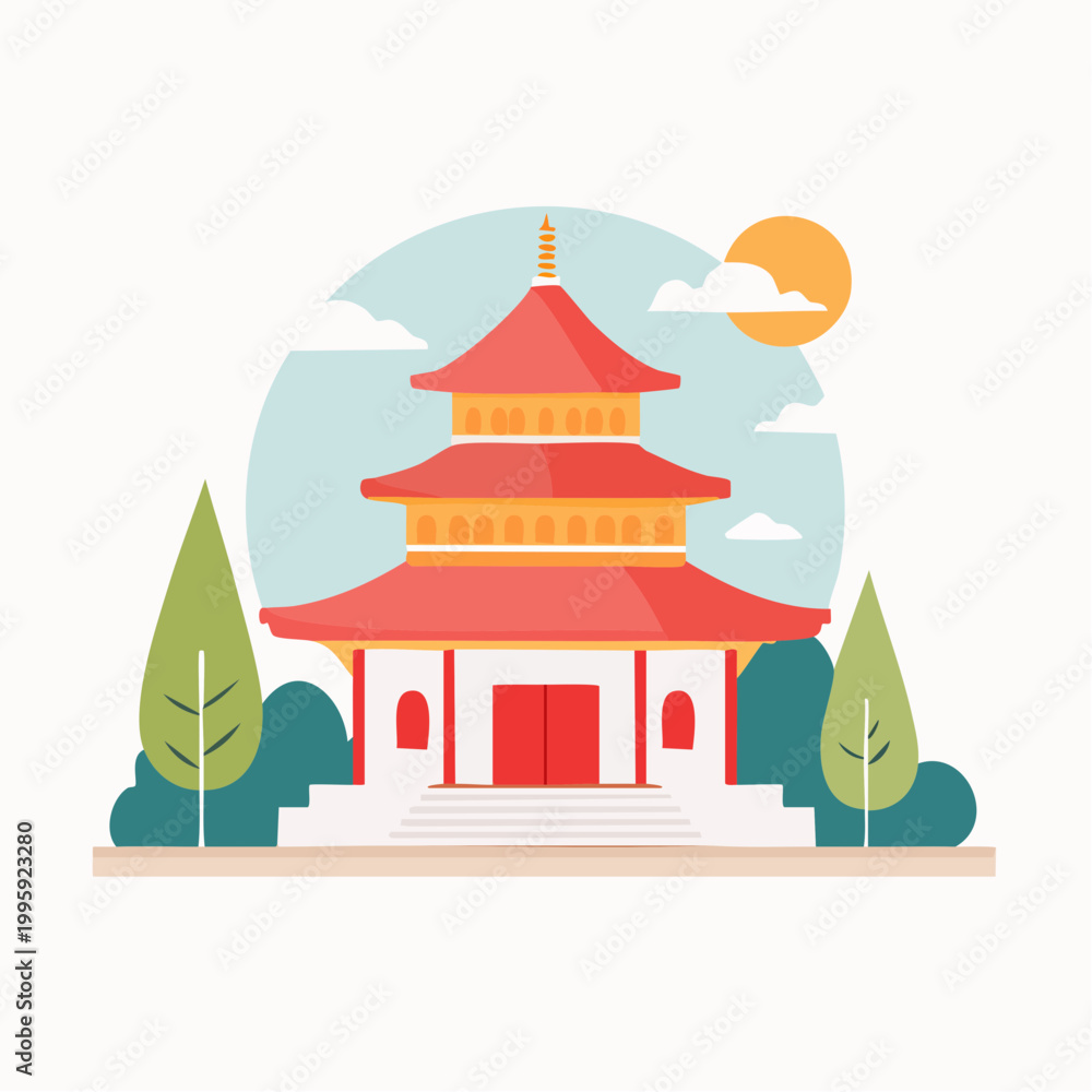 Obraz premium Traditional Japanese Pagoda Temple Illustration