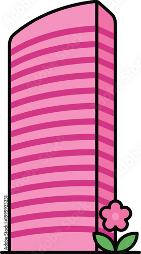 Pink Skyscraper with a touch of nature: A stylized illustration of a modern, curved pink skyscraper stands tall, complemented by a delicate flower at its base.