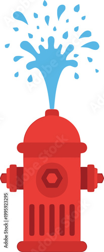 Fire Hydrant and Water Spurt: A classic red fire hydrant vigorously shoots a jet of water high into the air, with a dynamic display of droplets.