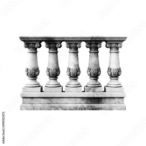 Monochrome illustration of a classical balustrade with decorative columns, architectural railing element in vintage style, isolated on light background.