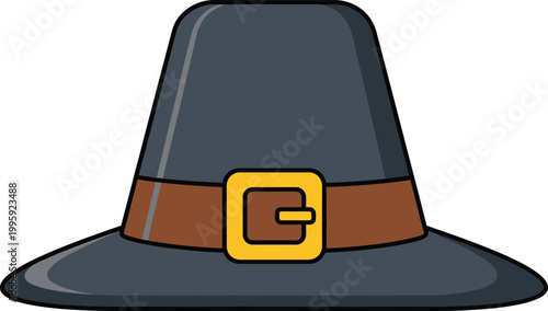 Pilgrim Hat Icon: A minimalist illustration of a classic Pilgrim hat, a symbol of heritage and the spirit of Thanksgiving, with clean lines and simple details.