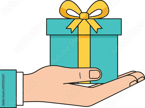 Gift in Hand: An illustration presents a gift box, wrapped with a golden ribbon, held gently in a hand, symbolizing generosity and a special occasion.