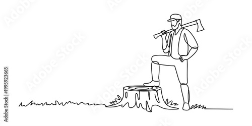 Lumberjack standing with axe on a tree stump