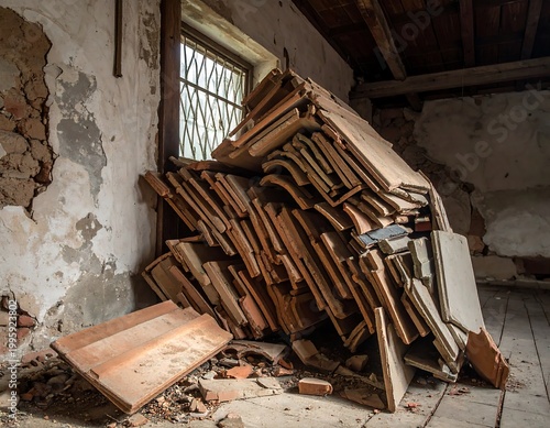 Pile of broken tiles in a dilapidated room