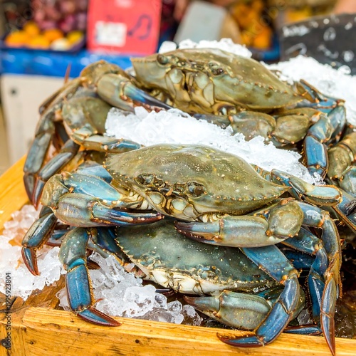 Pile of blue crabs on ice at a market, featuring detailed shells and vibrant blue claws