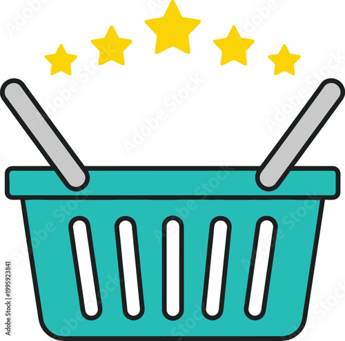 Online Shopping Basket and Customer Satisfaction: A turquoise shopping basket, crowned by five golden stars, represents the essence of online shopping with high customer satisfaction.