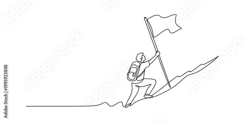 Continuous line drawing of hiker reaching mountain peak