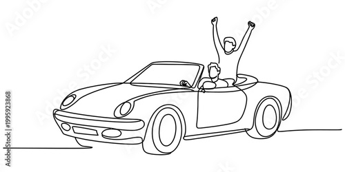 Happy people riding in a convertible car line art
