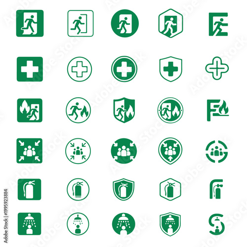 Minimalist Safety and Emergency Sign Icons Grid Set – First Aid, Fire Exit, Assembly Point, Vector Logo Collection